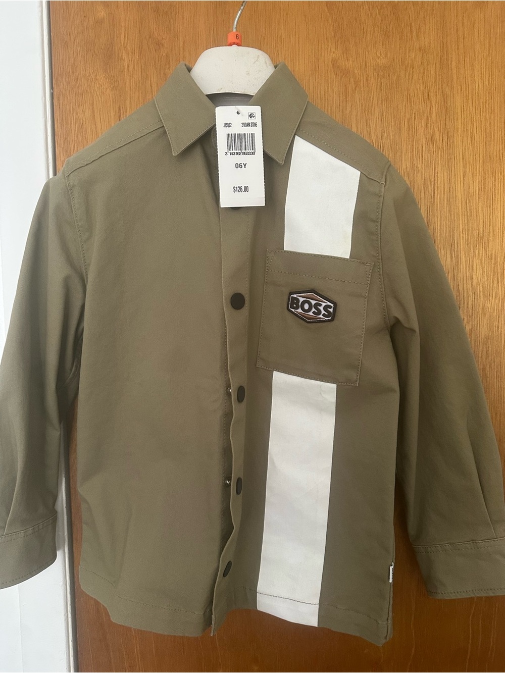 BOSS Olive Green Button-Front Shirt with White Stripe